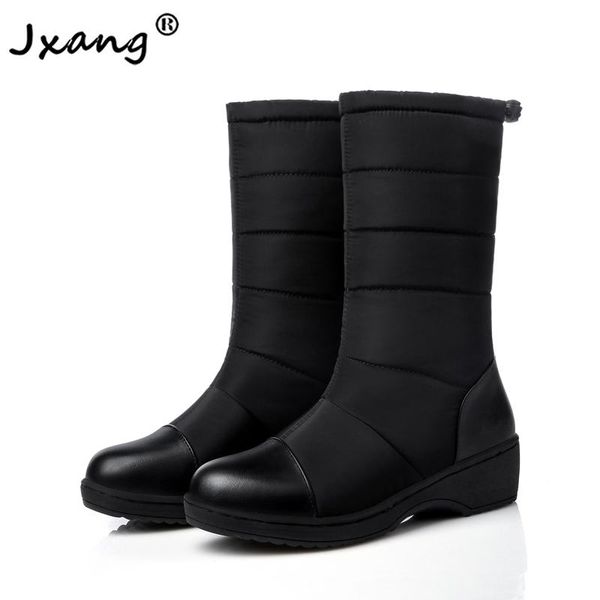 jxang fashion big size warm snow boots women platform boots solid color waterproof winter woman down female footwear, Black